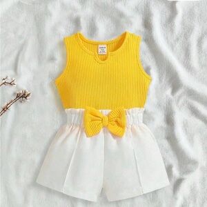 Yellow Ribbed Tank Romper with White Skort and Bow